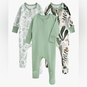 3-Pack Sage & Leaf Print Baby Zipper Footed Pajamas